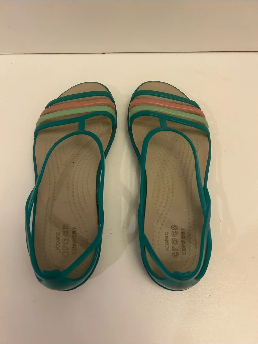 Women Size 4 Crocs Isabella Green w/ pastel straps flexible jelly sandals